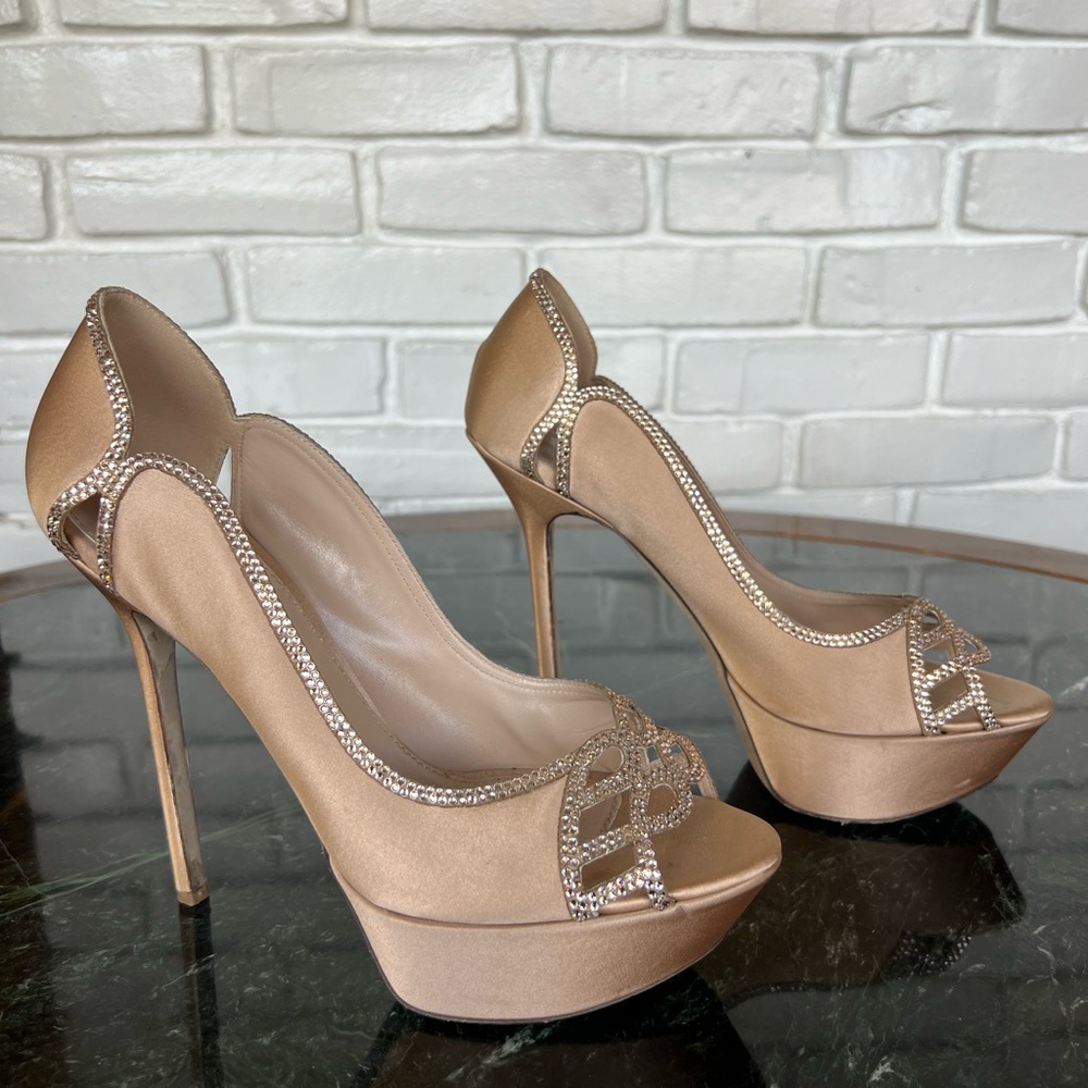 Sergio Rossi Satin & Swarovski Rose Gold Crystal heels
